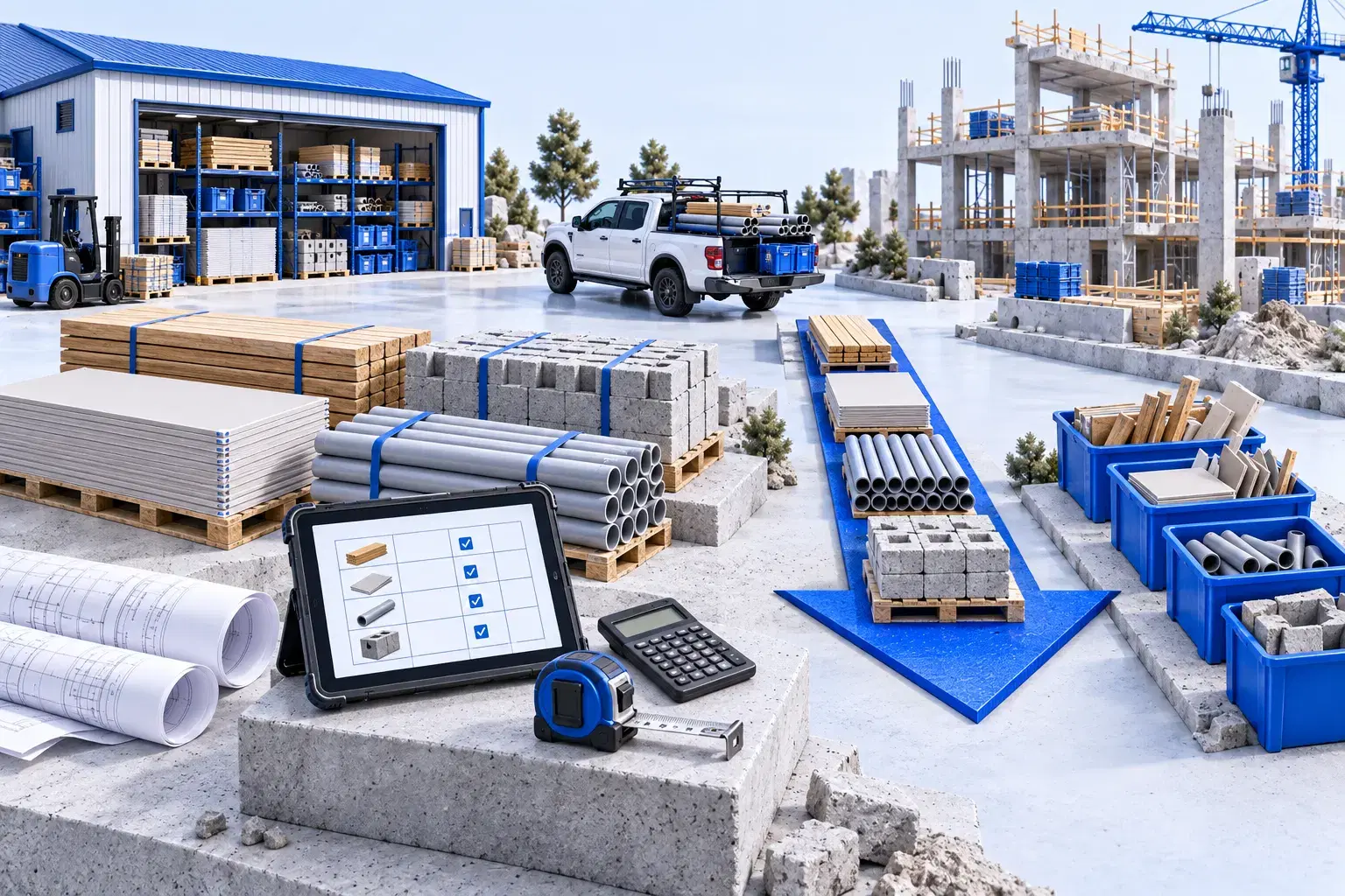 Matériaux organisés sur palettes, tablette d’inventaire et bacs de réemploi entre l’entrepôt et le chantier