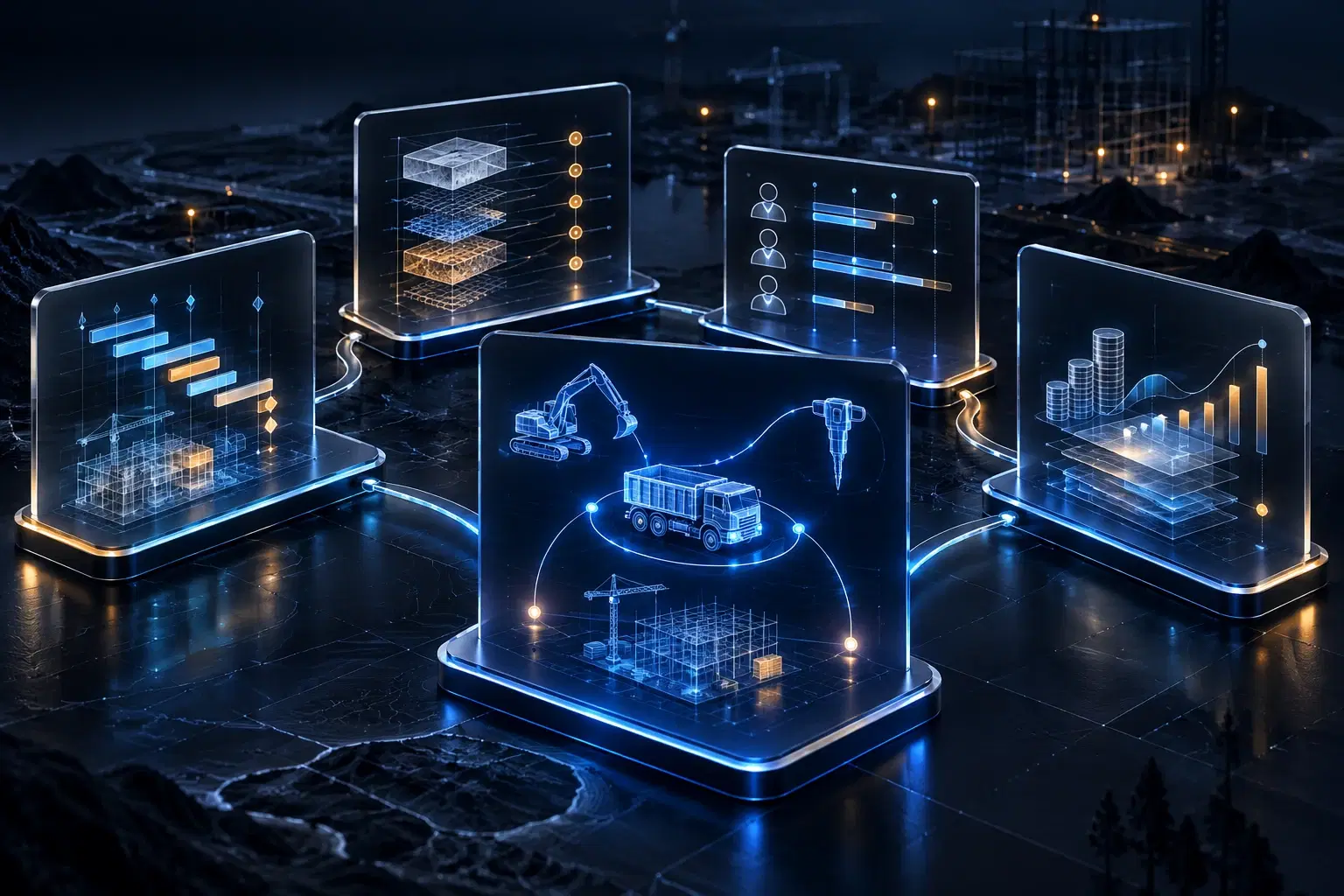 Réseau sombre de modules illustrant les principales catégories de logiciels de construction