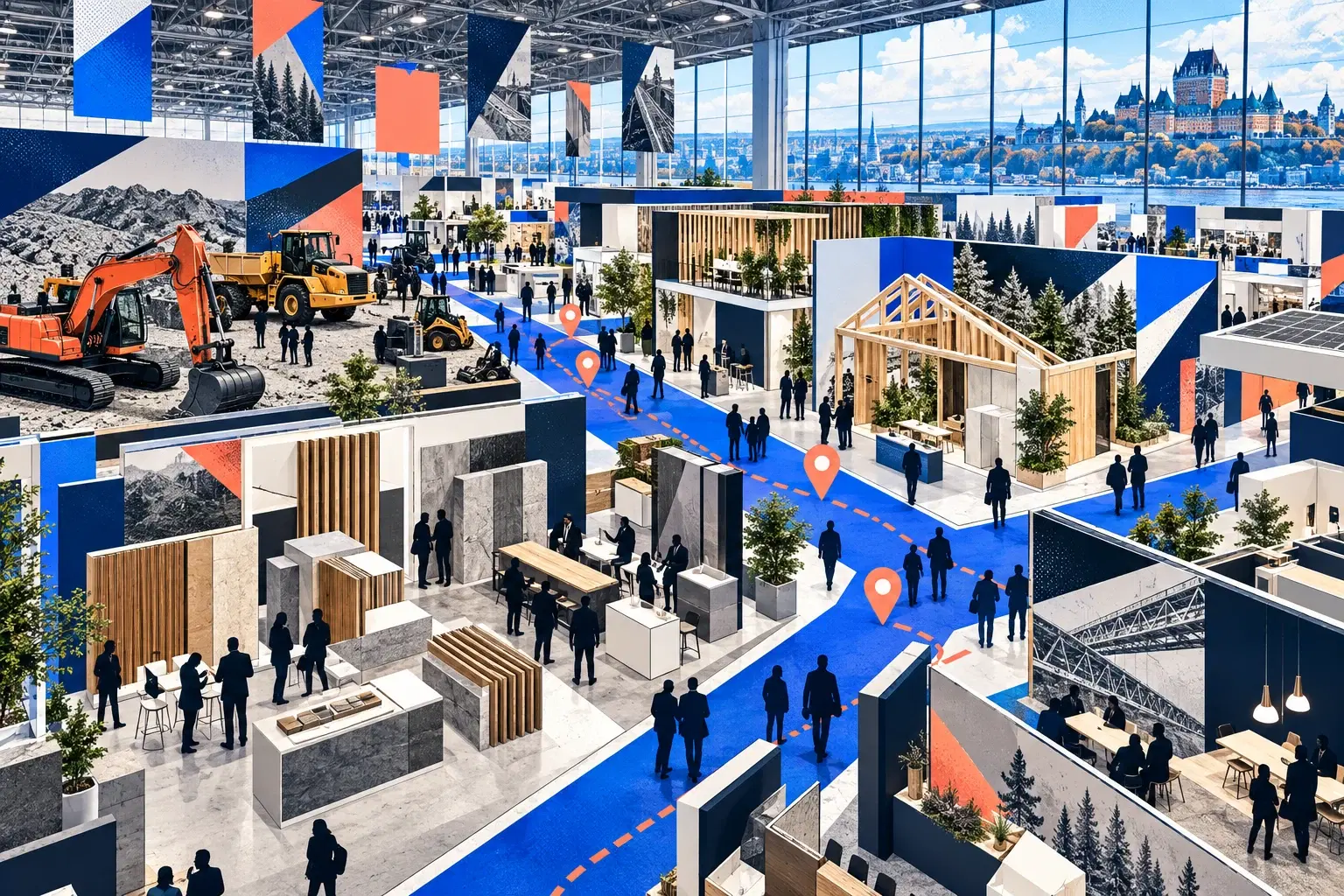 Panorama d’un salon de la construction avec allées bleues, kiosques et machinerie