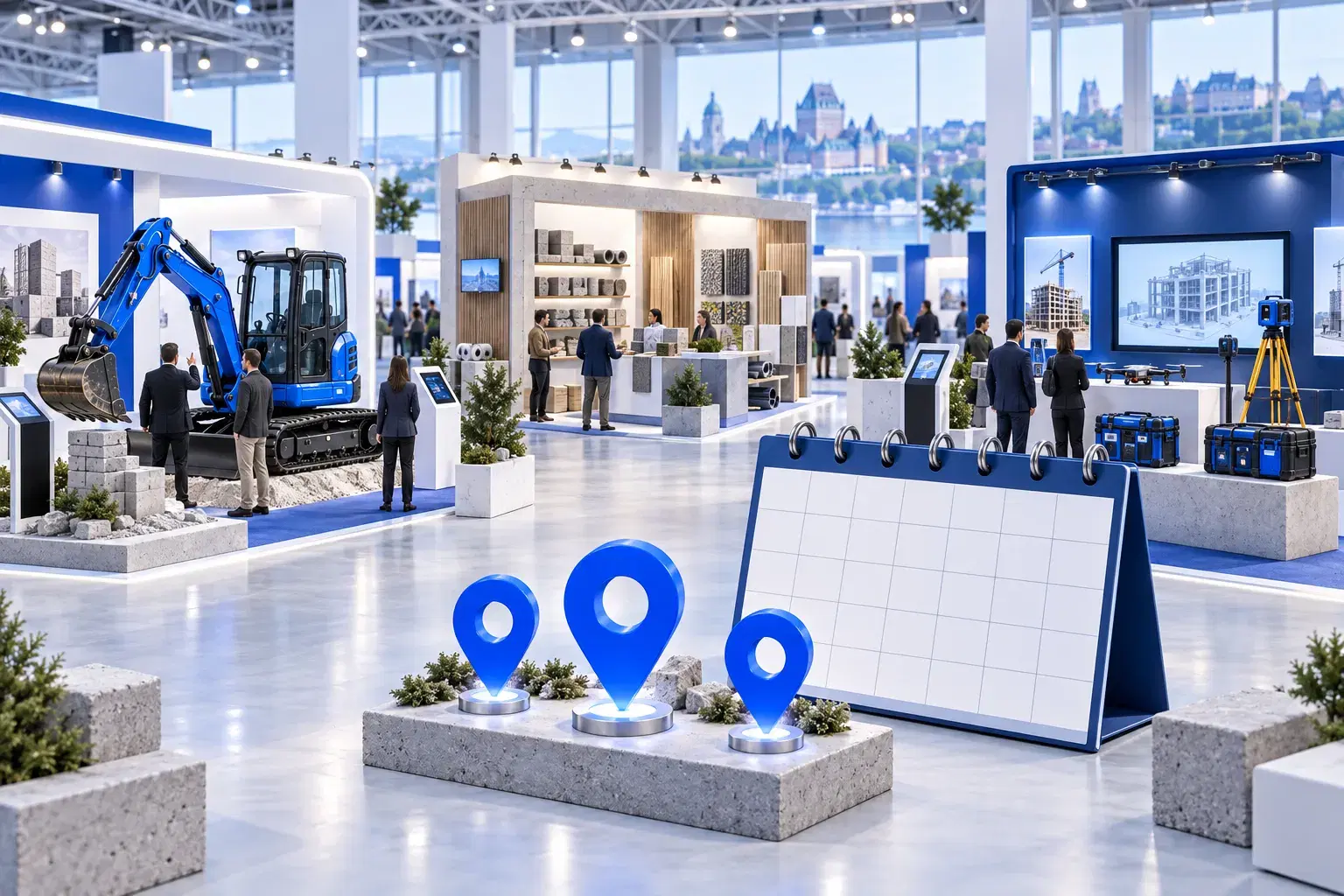Salon de la construction avec kiosques, machinerie, calendrier et repères d’événements