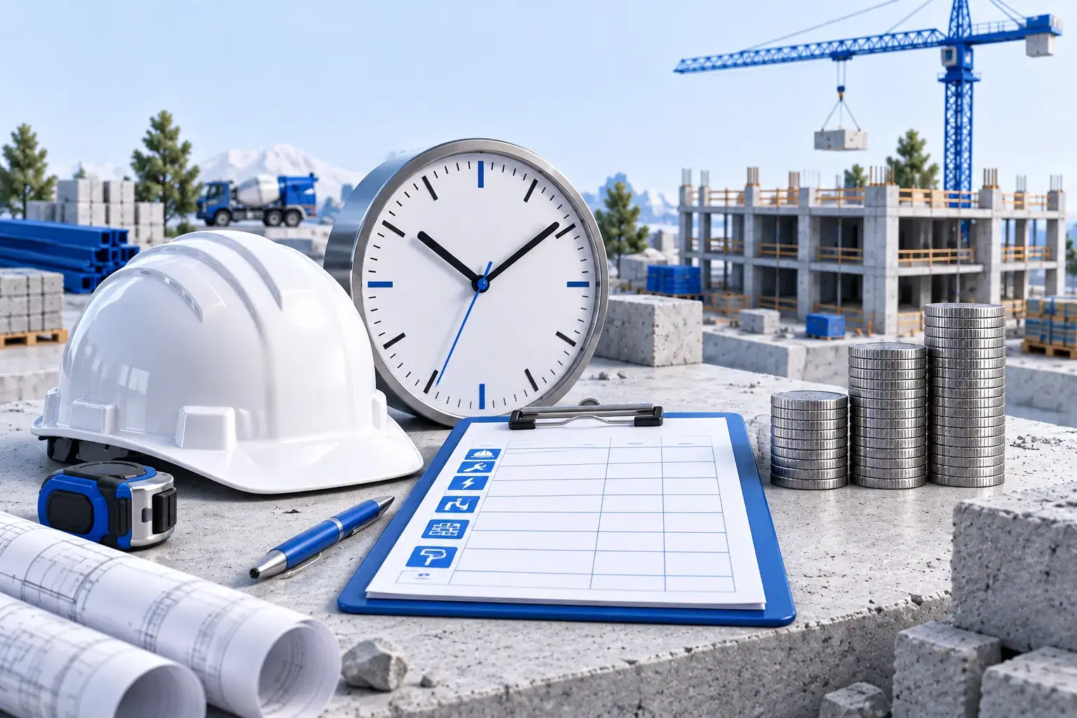 Casque, horloge, feuille de temps et piles de pièces devant un chantier de construction
