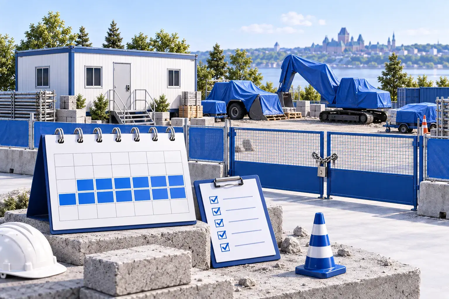 Chantier fermé et verrouillé, équipements couverts, calendrier de deux semaines et checklist