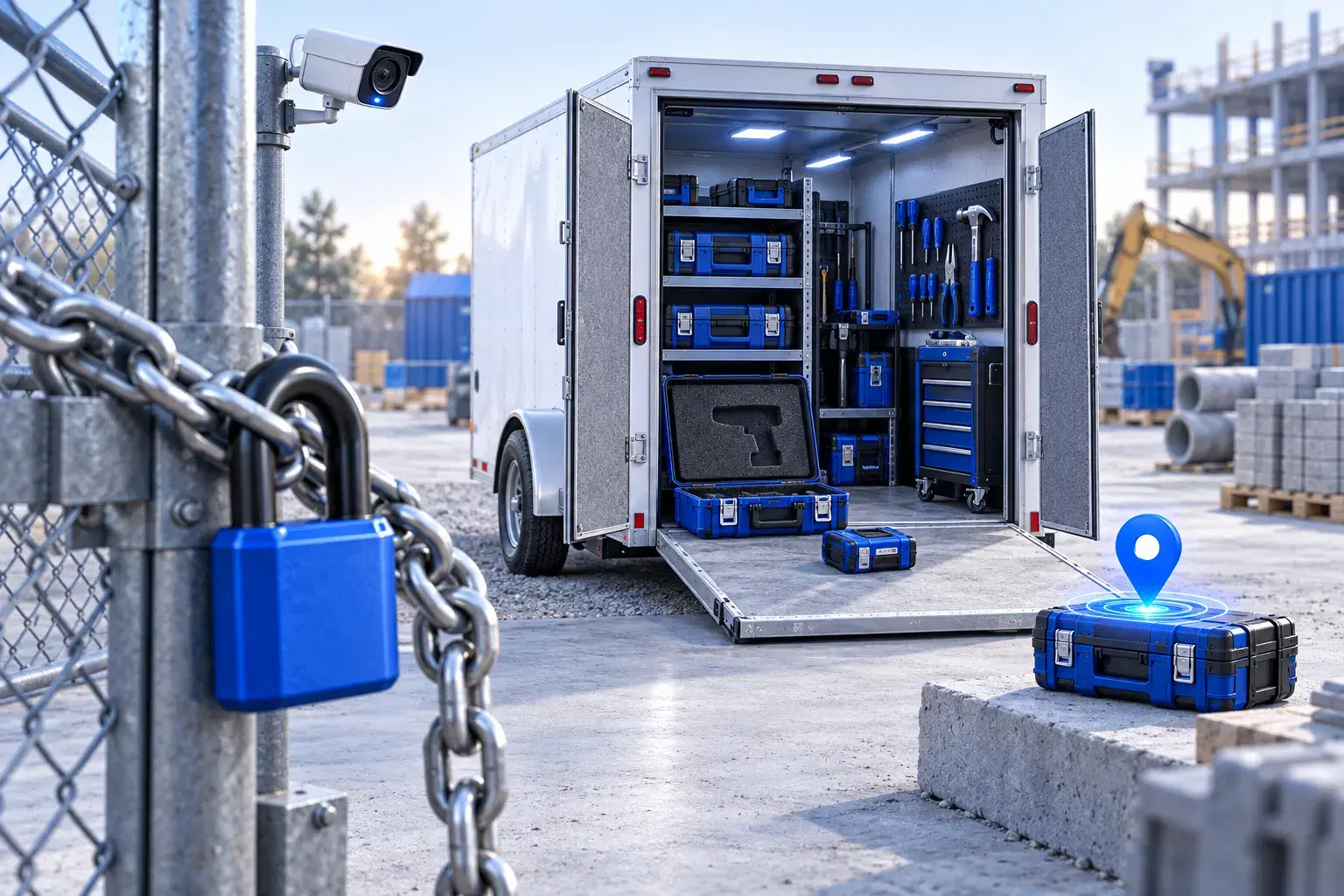 Remorque d’outils protégée par un cadenas et une caméra, avec un coffre suivi à proximité
