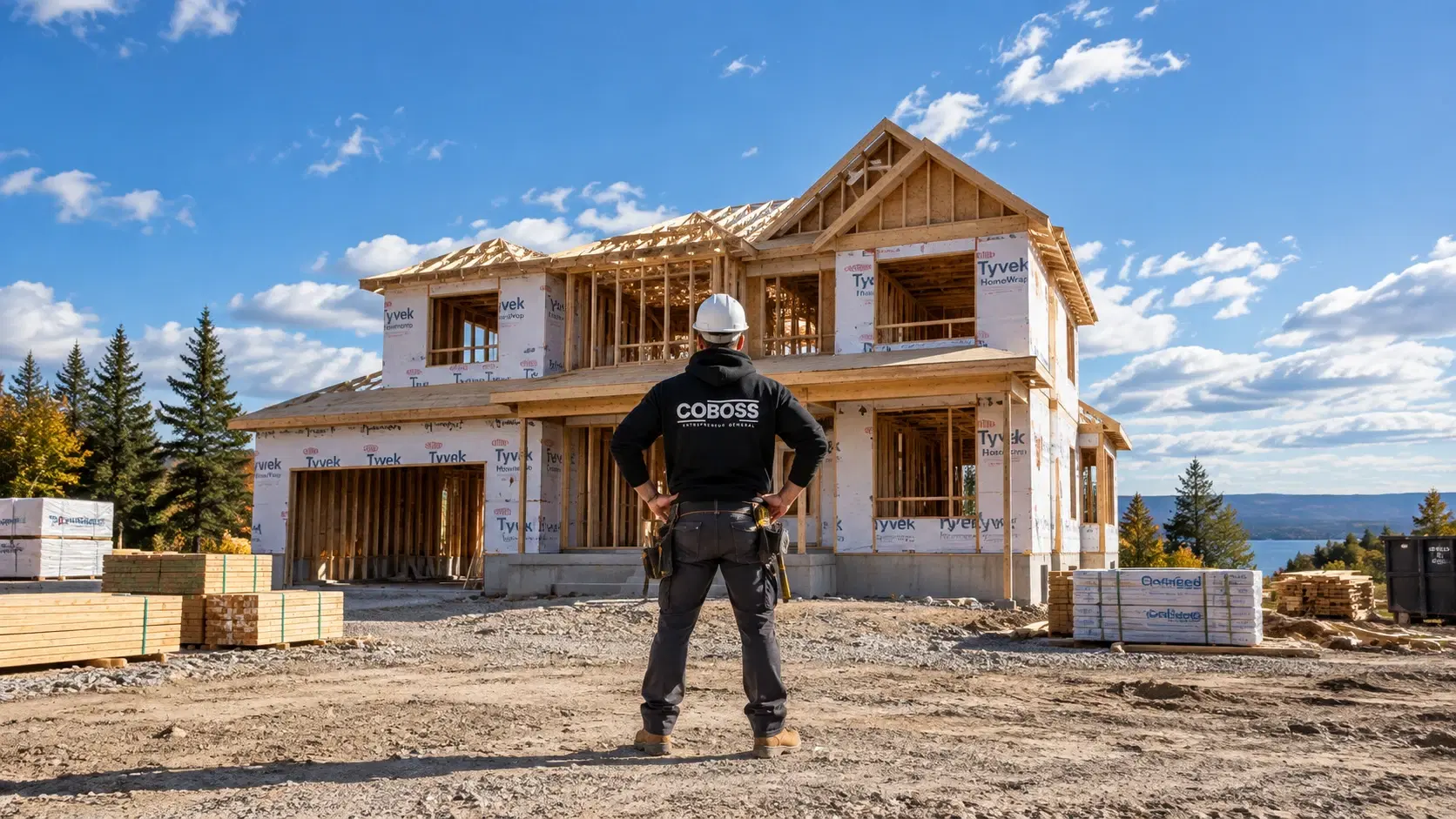 Travailleur portant un chandail Coboss Construction devant une maison en construction