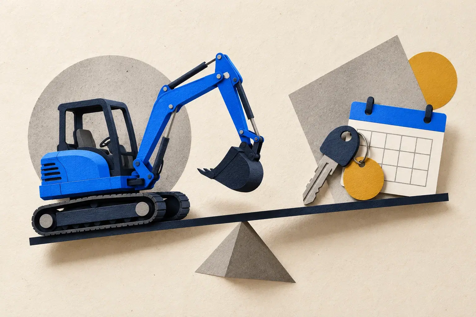 Paper collage showing a blue excavator balanced against a key and rental calendar