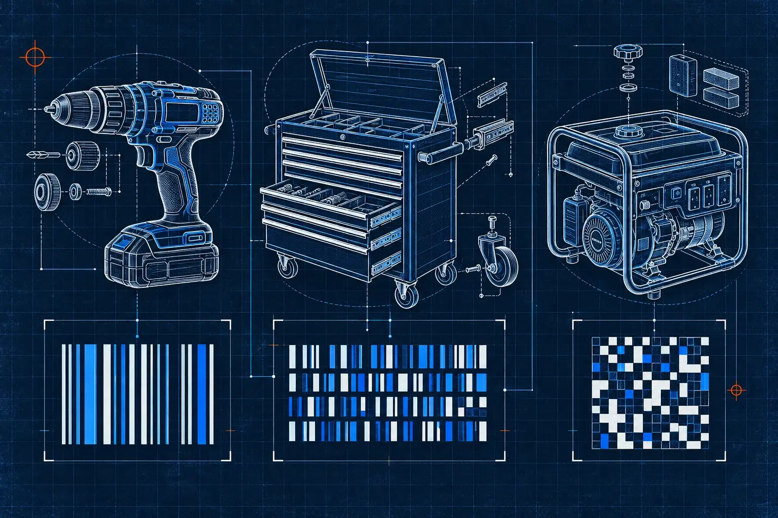 Technical schematic of a drill, tool chest and generator paired with barcode and QR code patterns