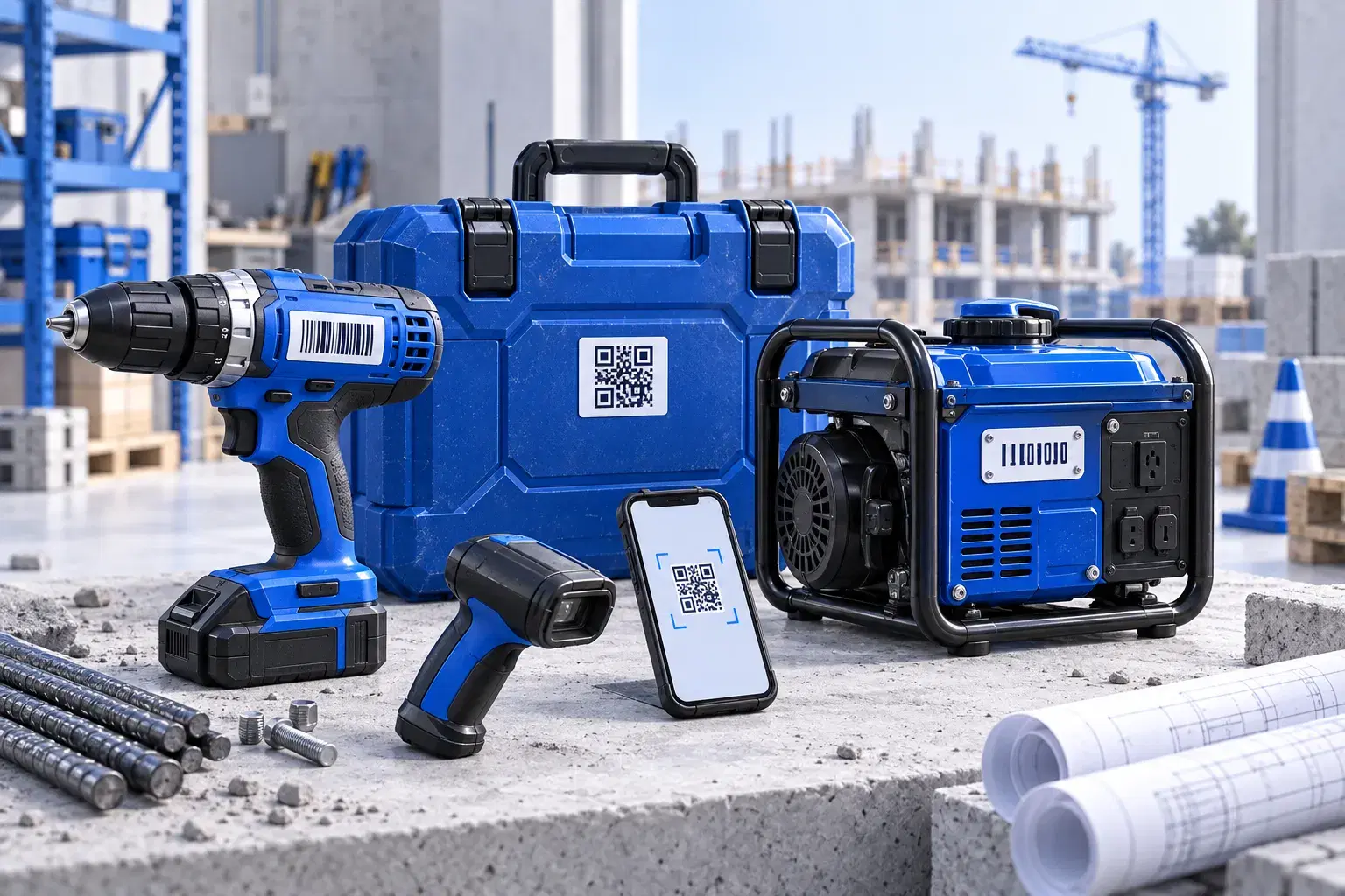 Perceuse, coffre et génératrice identifiés par code-barres ou code QR sur un chantier