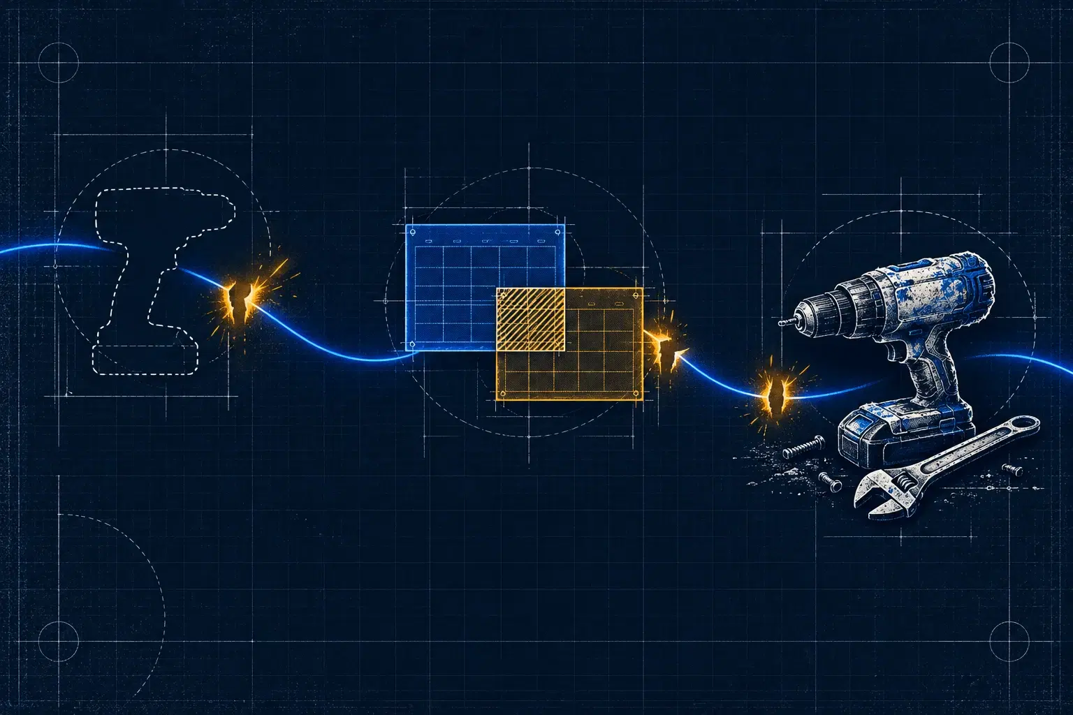 Schematic workflow interrupted by a missing tool, overlapping reservations and overdue maintenance