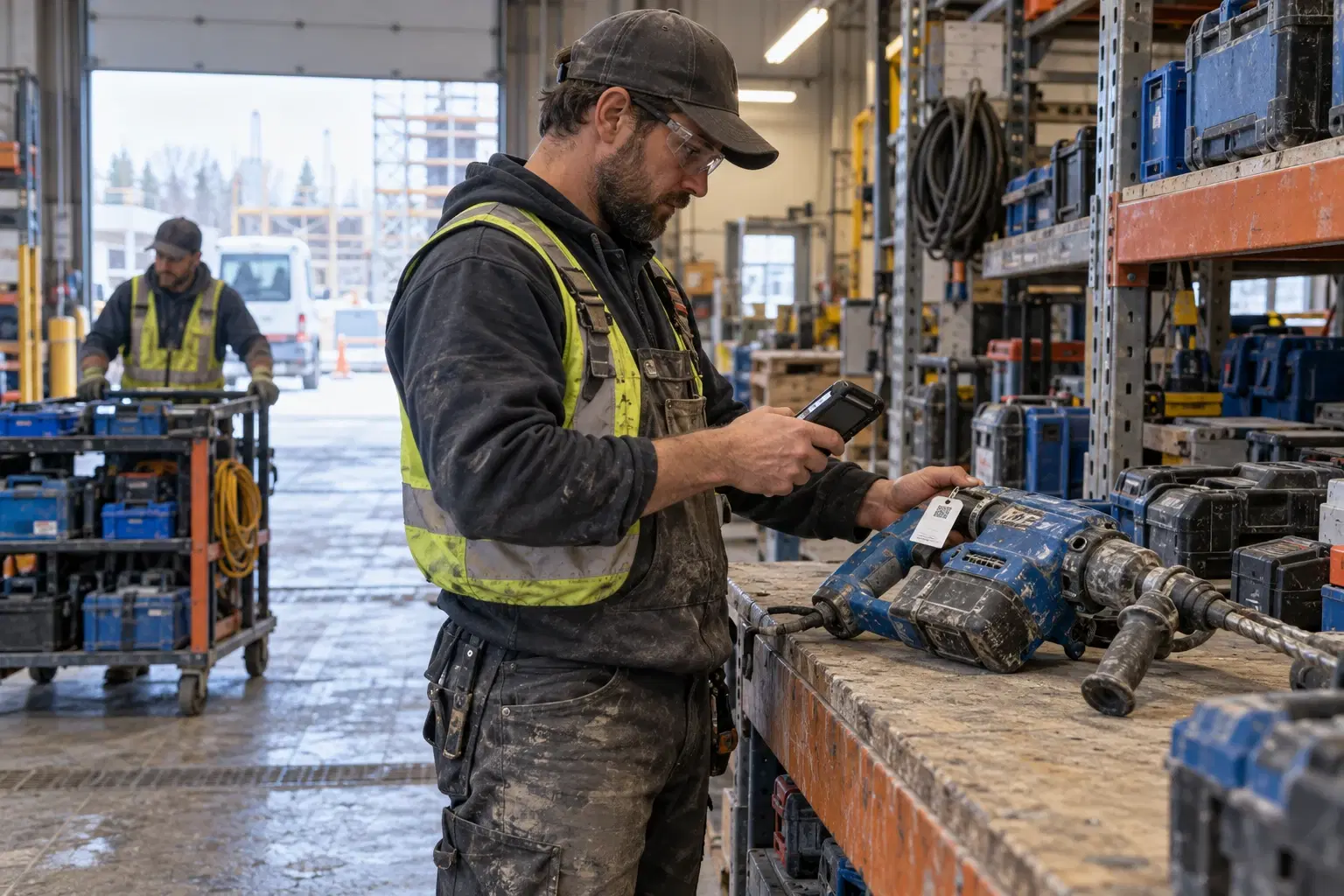 Worker scanning a tool identifier inside a construction warehouse