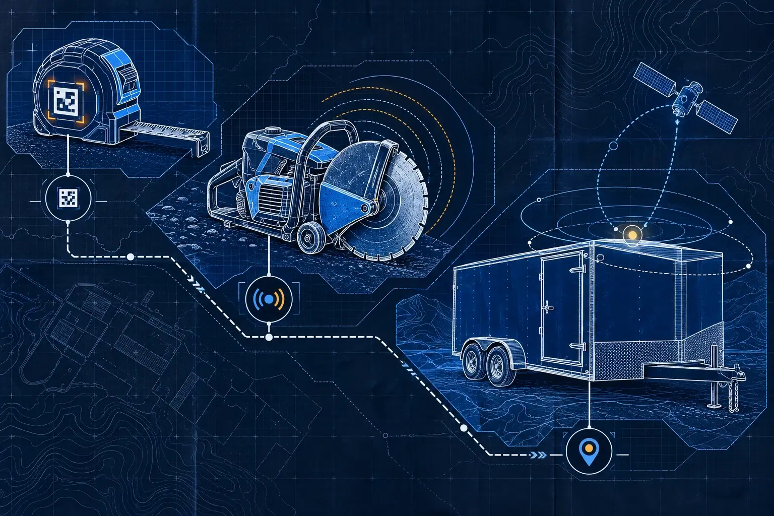 Technical schematic of a tape measure with a QR code, a saw with a traceur Bluetooth and a GPS-tracked trailer