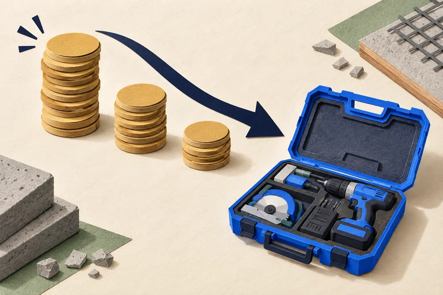 Paper collage of shrinking coin stacks and an organized blue tool case