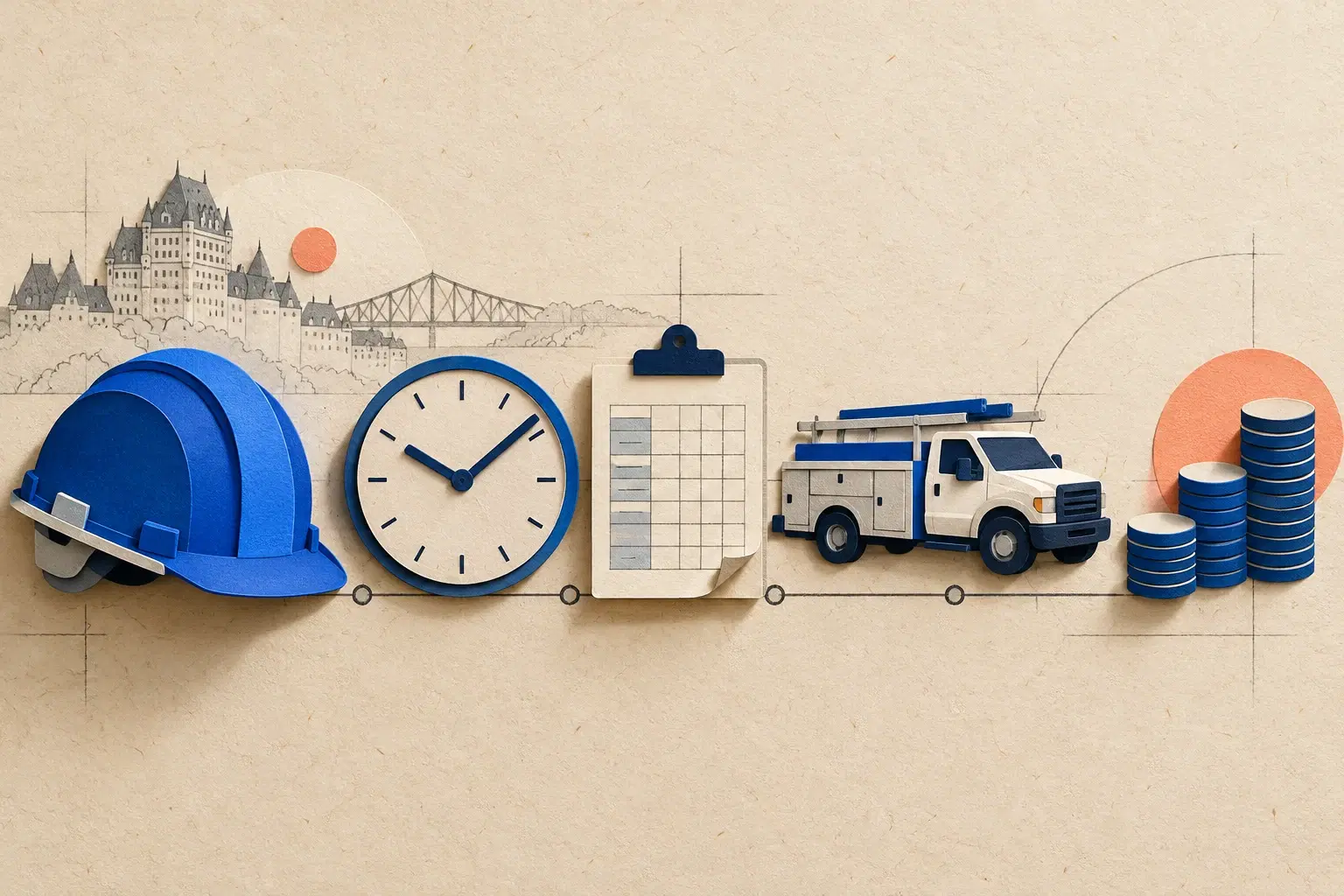 Paper collage combining a hard hat, clock, timesheet, service truck and stacks of coins