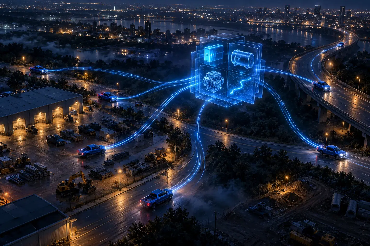 Six construction trucks connected by glowing routes to a telematics data core