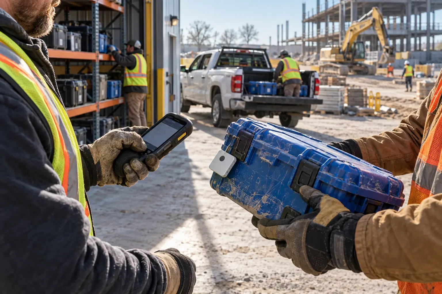 Two workers transfer a tracked equipment case between the warehouse, truck and jobsite