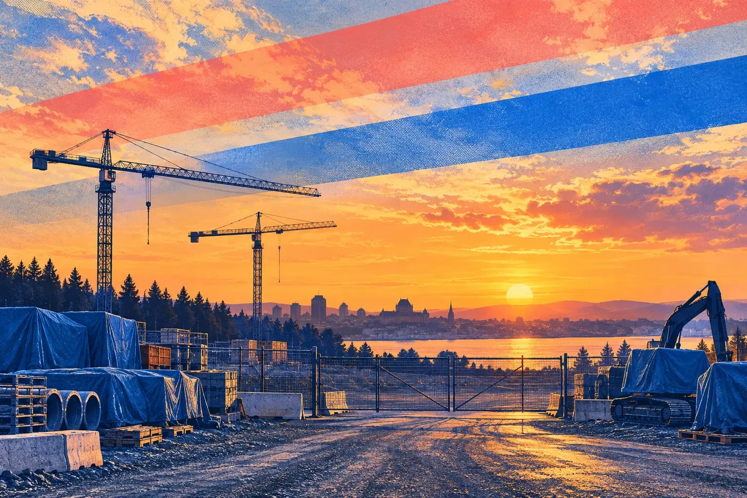 Closed jobsite with covered equipment and idle cranes at sunset