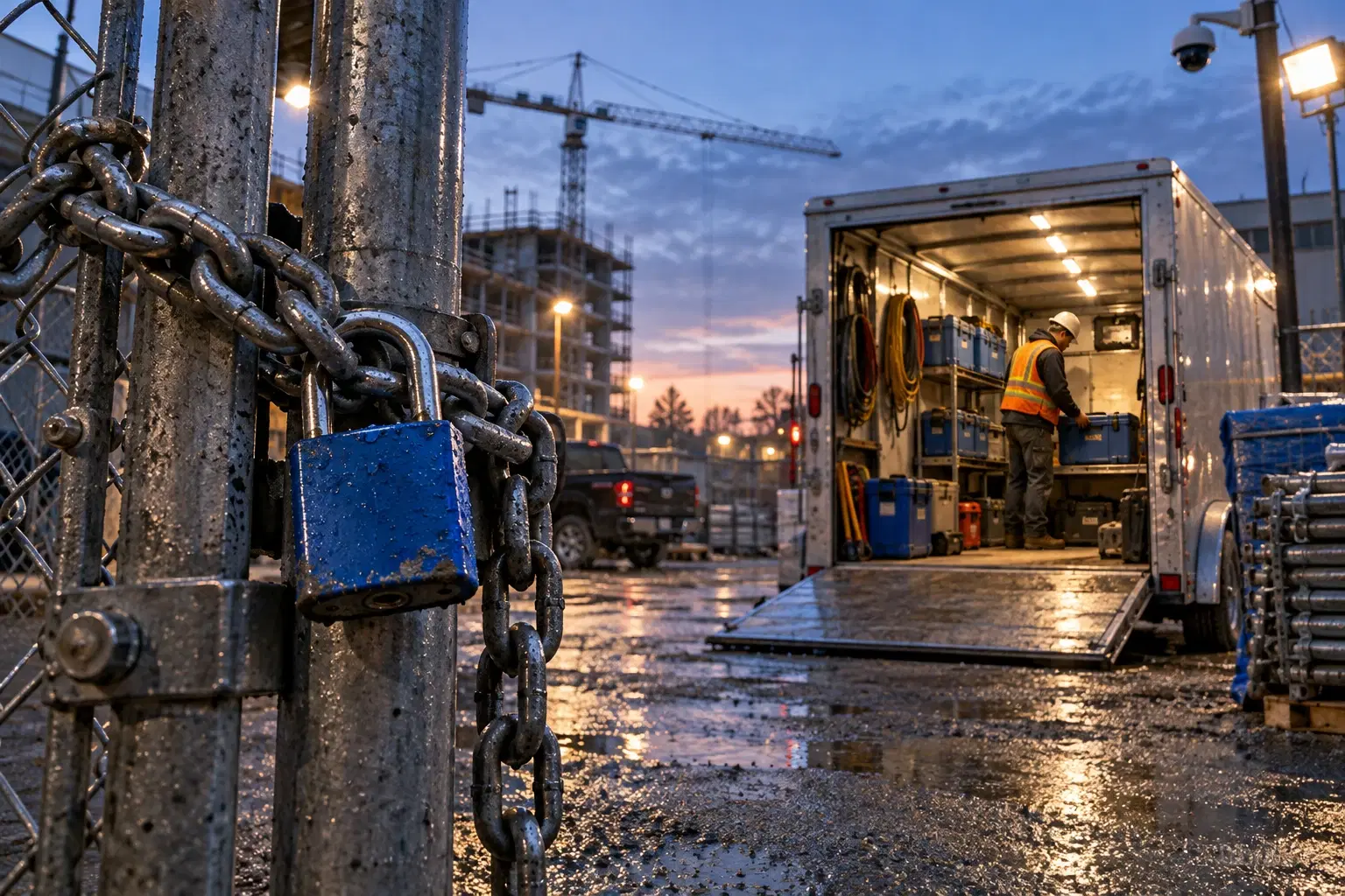Blue padlock in the foreground securing a tool trailer under surveillance
