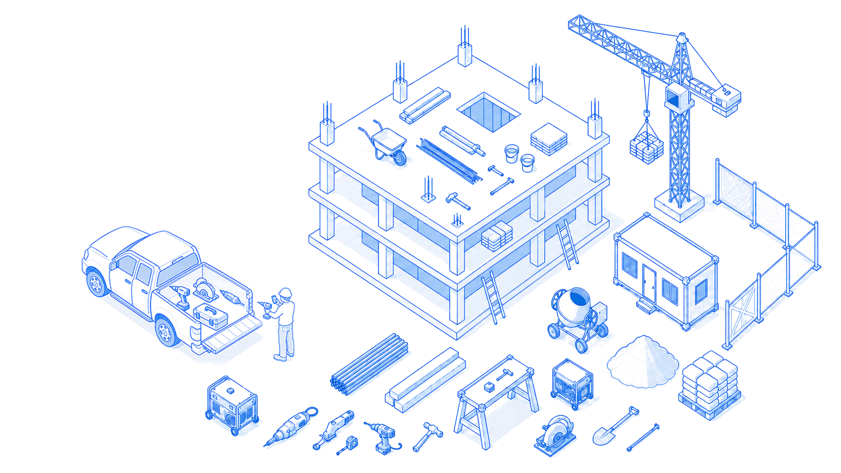 Line illustration of a jobsite, truck and several categories of tools managed in Allokit